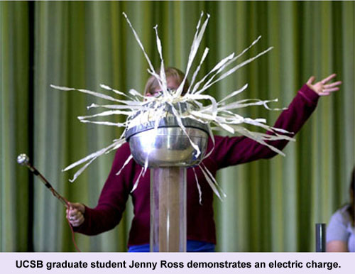 UCSB graduate student Jenny Ross demonstrates an electric charge.